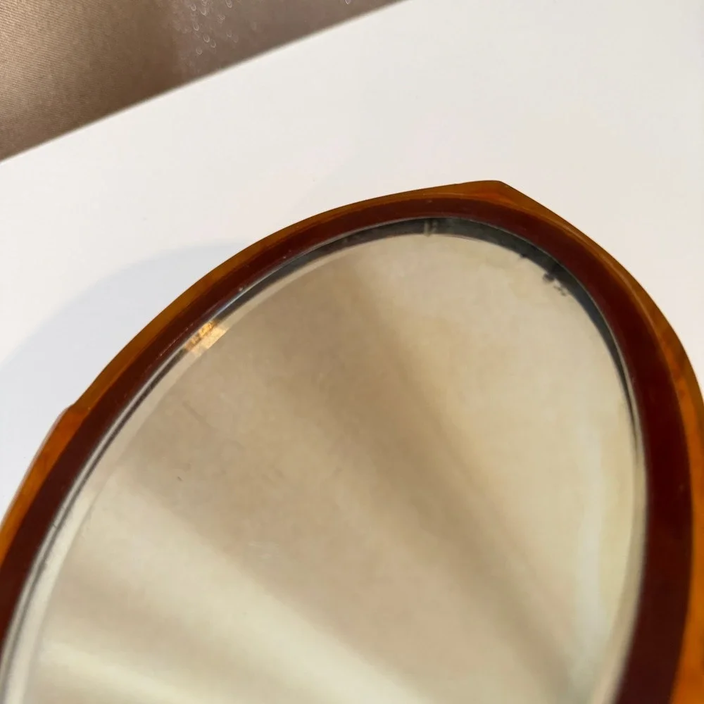 Vintage Faux Tortoiseshell Hand Mirror Oval Beveled Glass Art Deco Amber 14.5